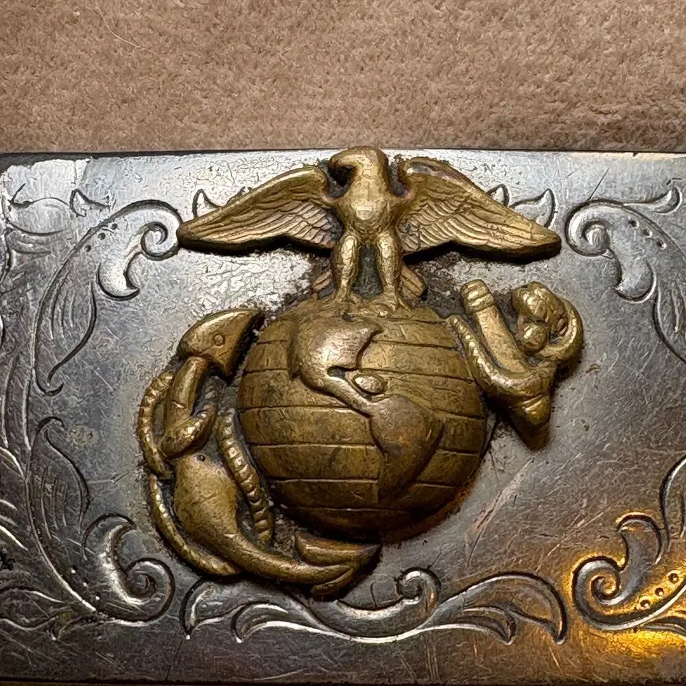 Vintage USMC Marine Corps Eagle Globe Anchor Trench Art Belt Buckle Brass